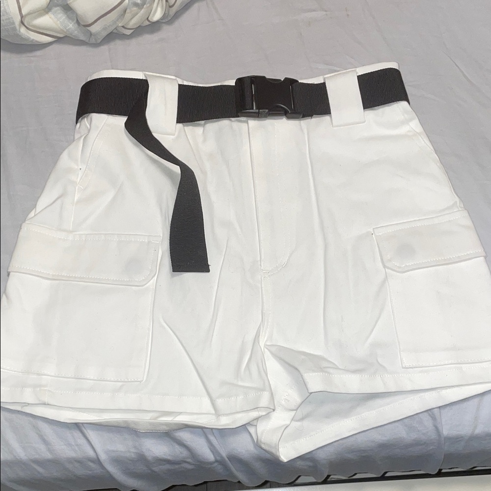 White Cargo Shorts with Black Belt